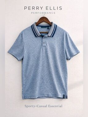 Perry Ellis Performance Polo XL Blue Heather Stripe Collar Shirt